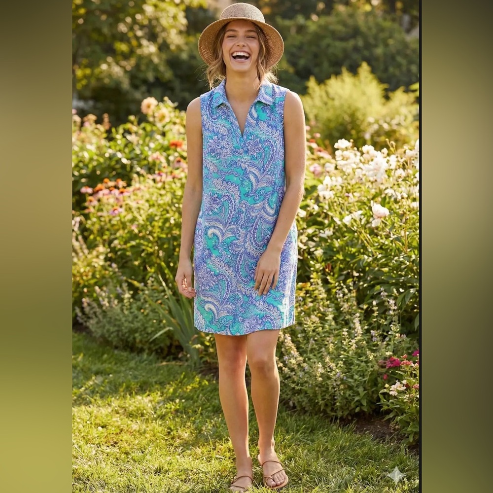 Cynthia Rowley 100%‎ linen Blue / White paisley print Dress size 8